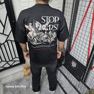 Siyah Stop Wars Baskılı T-Shirt