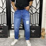 Koyu Mavi Bol Yırtık ve Desen Detaylı Boyfriend Kalıp Kot Pantolon W.K-101301